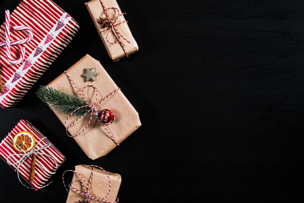 Christmas Presents with Black Background Room for Text Christmas Presents with Black Background Room for Text