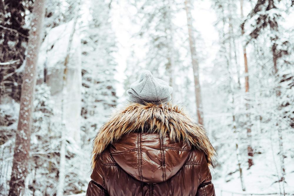 Girl in Winter Jacket Walking in Snowy Forest Girl in Winter Jacket Walking in Snowy Forest
