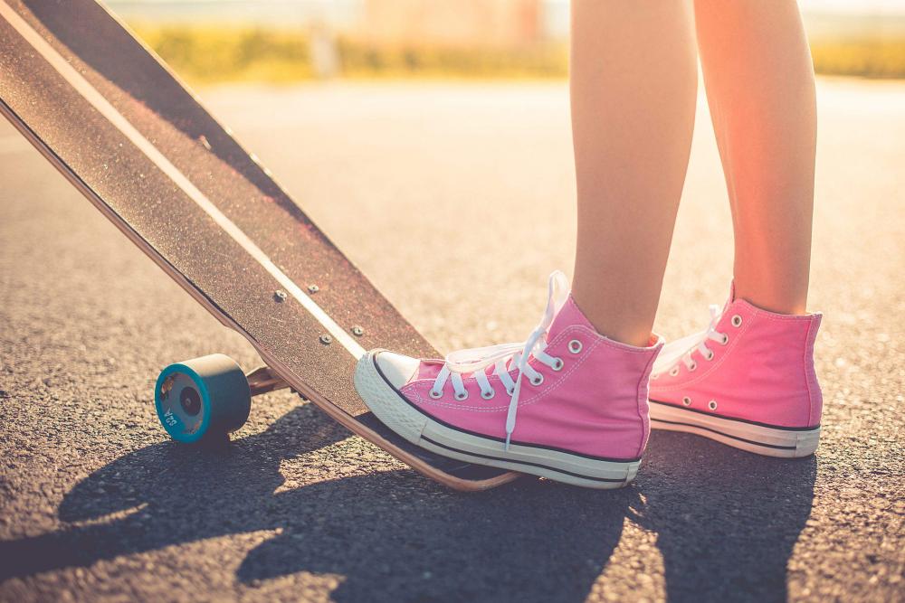 Happy Girl with Pink Shoes Ready to Longboard Ride Happy Girl with Pink Shoes Ready to Longboard Ride