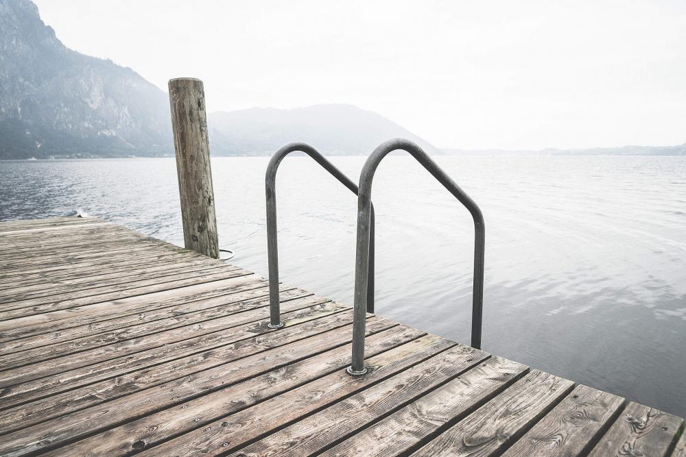 Swimming Wooden Pontoon with Ladder At Lake Swimming Wooden Pontoon with Ladder At Lake