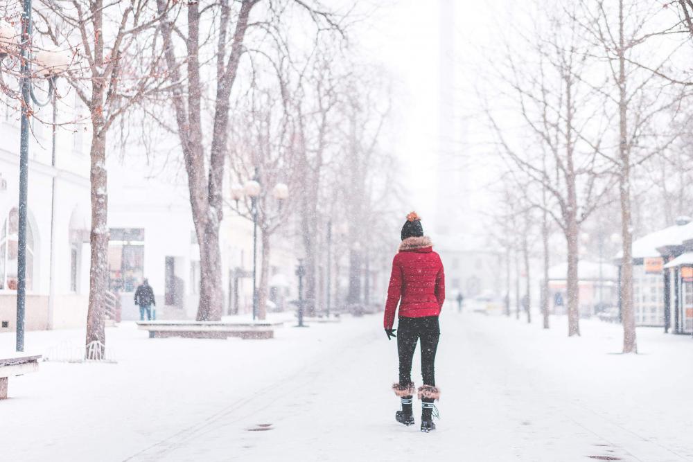 Young Woman Walking Alone in The Park in Snowy Weather Young Woman Walking Alone in The Park in Snowy Weather