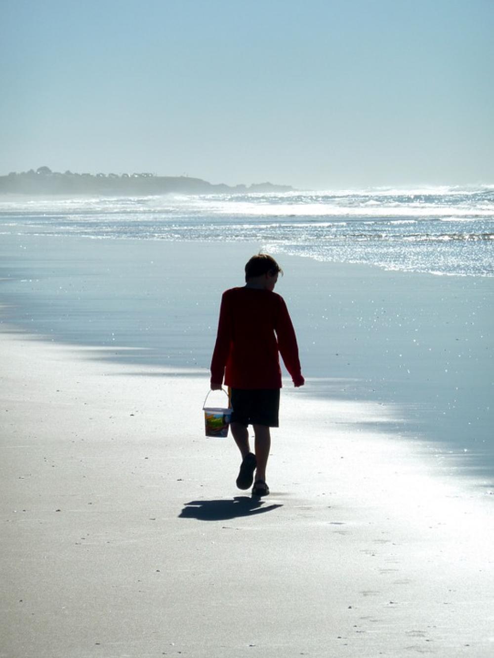 Boy Walk Bucket Alone Sand Beach Seaside Sea Boy Walk Bucket Alone Sand Beach Seaside Sea