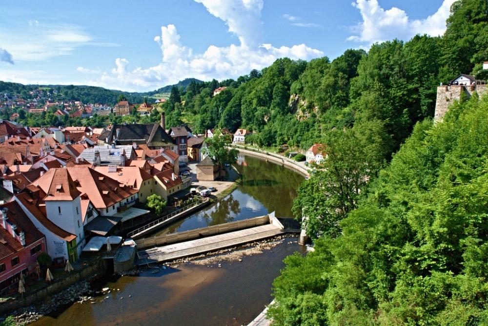 Czech Krumlov View River Weir Old Town Landscape Czech Krumlov View River Weir Old Town Landscape