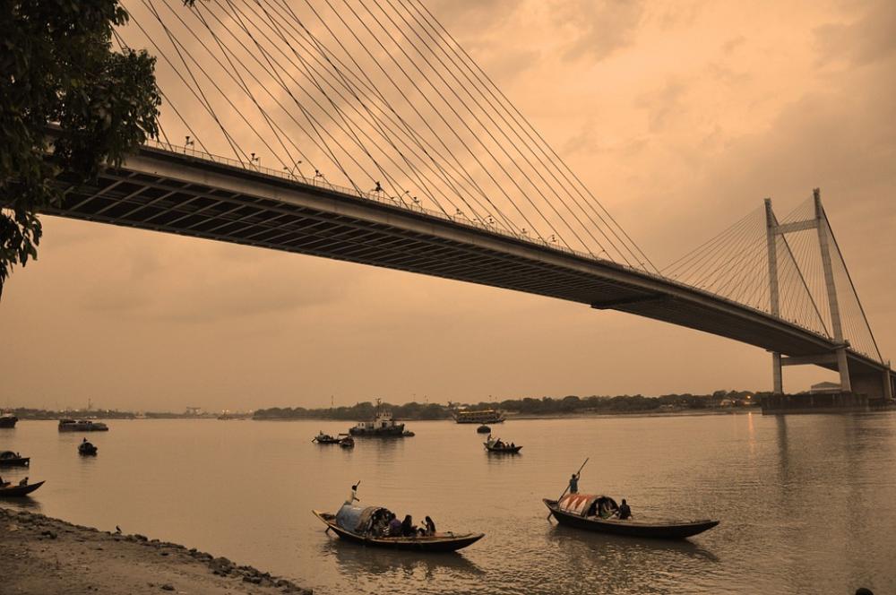 Kolkata Suspension Bridge Bridge Fishing Boats Kolkata Suspension Bridge Bridge Fishing Boats