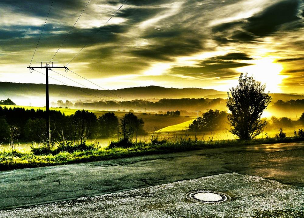 Landscape Power Line Sunrise Autumn Fog Atmosphere Landscape Power Line Sunrise Autumn Fog Atmosphere
