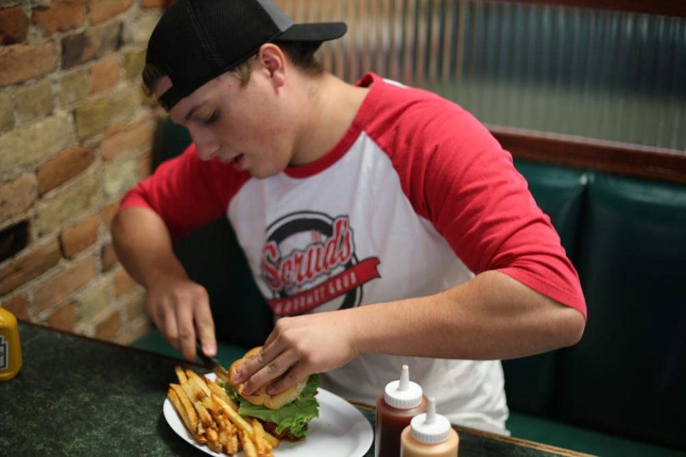 Man Eating Male Indoors Booth Fries Fast Food Man Eating Male Indoors Booth Fries Fast Food