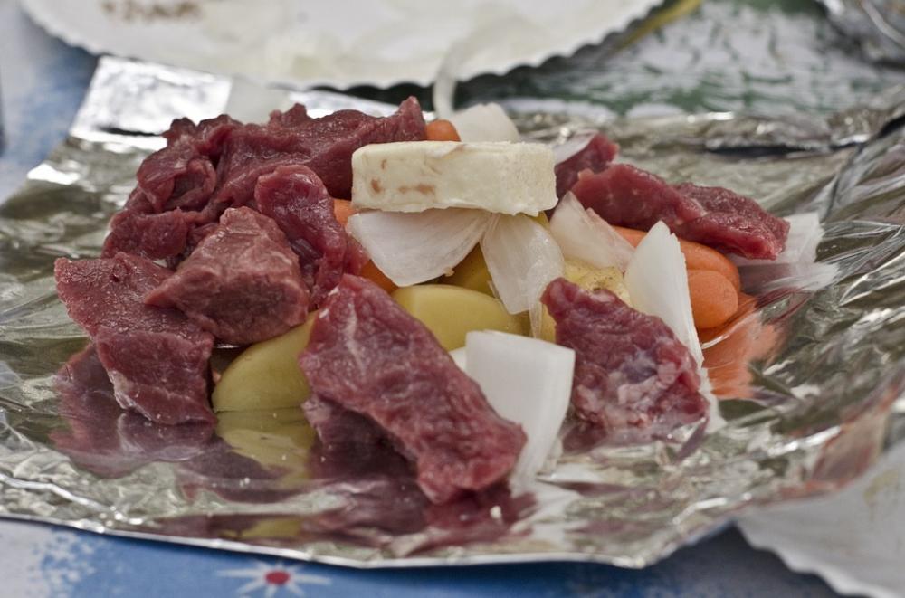 Meat Raw Outdoor Cooking Onion Butter Carrots Meat Raw Outdoor Cooking Onion Butter Carrots