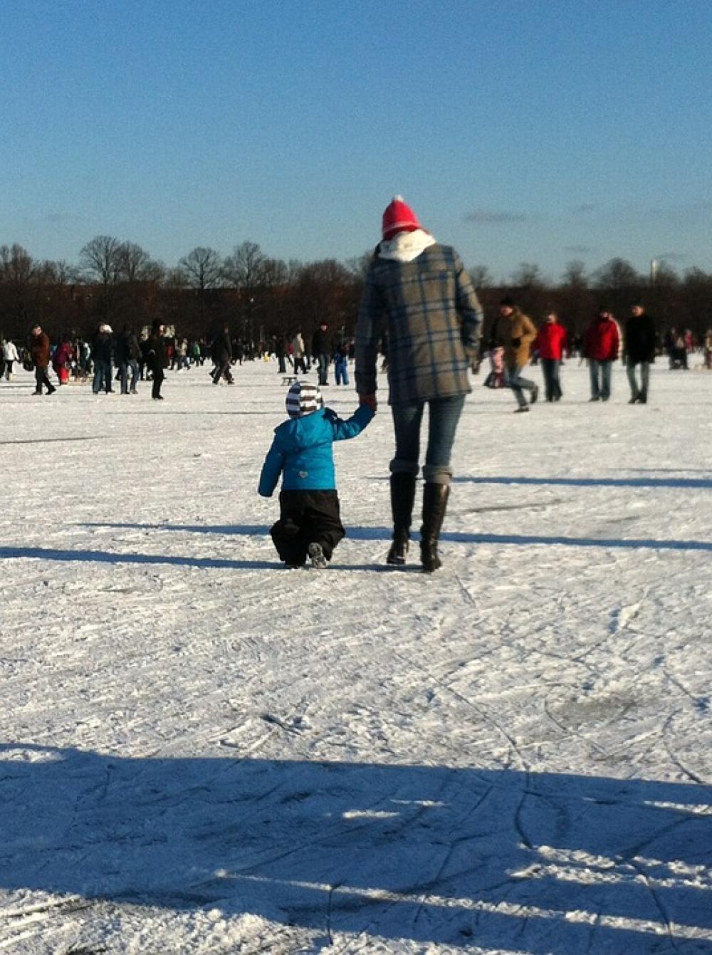 Mother Son Child Winter Ice Snow Frozen Lake Mother Son Child Winter Ice Snow Frozen Lake
