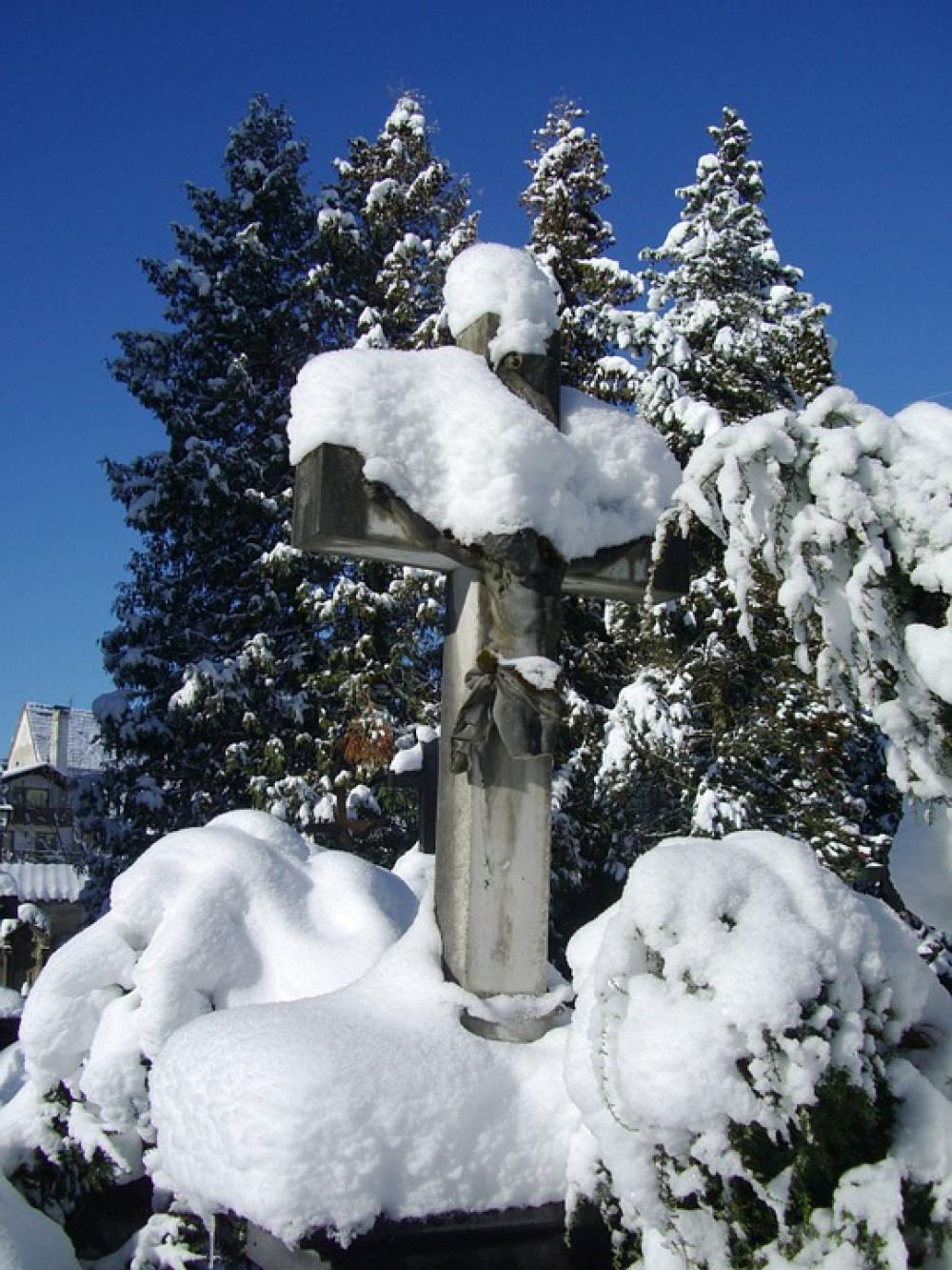 Stone Cross Grave Tomb Snow Cover Sky Blue Winter Stone Cross Grave Tomb Snow Cover Sky Blue Winter