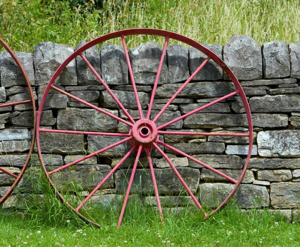 Wagon Wheel Wheel Old Red Leaning Wall Stone Wagon Wheel Wheel Old Red Leaning Wall Stone
