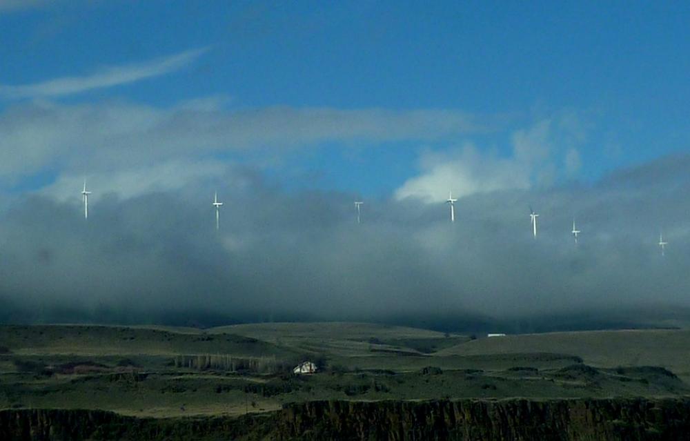Windmills Low Clouds Sky Hill Side Windmills Low Clouds Sky Hill Side