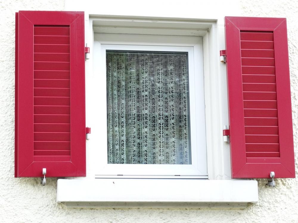 Window Shutters Red White Curtains House Facade Window Shutters Red White Curtains House Facade