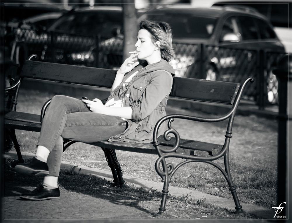 Woman Smoking Cigarette Sitting Resting Bank Woman Smoking Cigarette Sitting Resting Bank