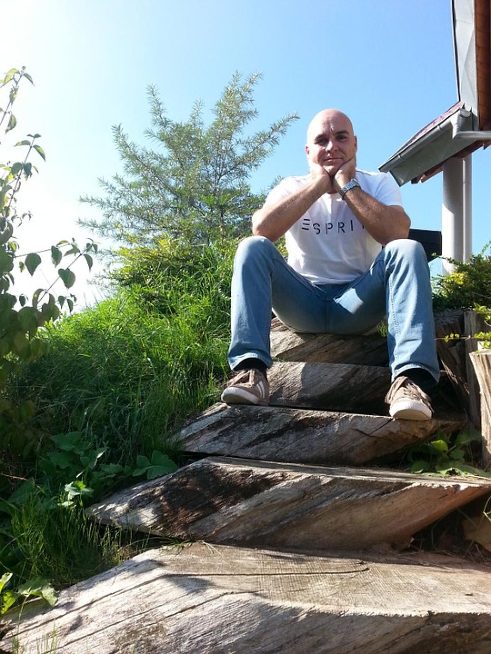 Wooden Ladders Man Sitting Bald Head Wooden Ladders Man Sitting Bald Head