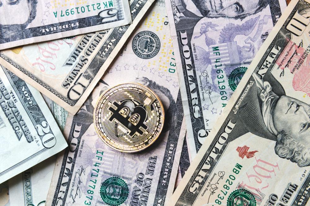 Bitcoin Coin On Bills Of Cash Money Photo Bitcoin Coin On Bills Of Cash Money Photo
