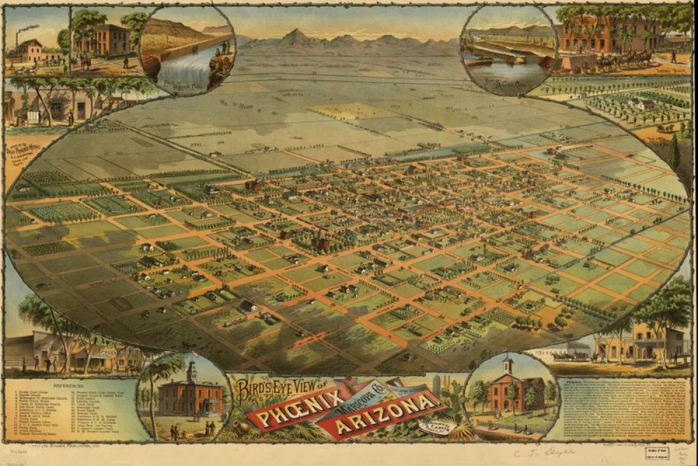 Aerial lithograph of Phoenix from 1885, Arizona free photo Aerial lithograph of Phoenix from 1885, Arizona free photo