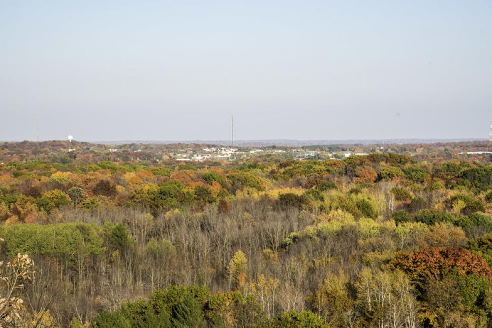 Autumn Landscape with trees and town at Kettle Moraine Forest, Wisconsin free photo Autumn Landscape with trees and town at Kettle Moraine Forest, Wisconsin free photo