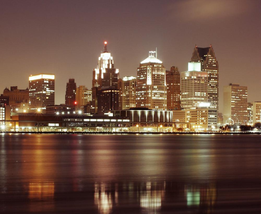 Detroit skyline with night lights in Michigan free photo Detroit skyline with night lights in Michigan free photo