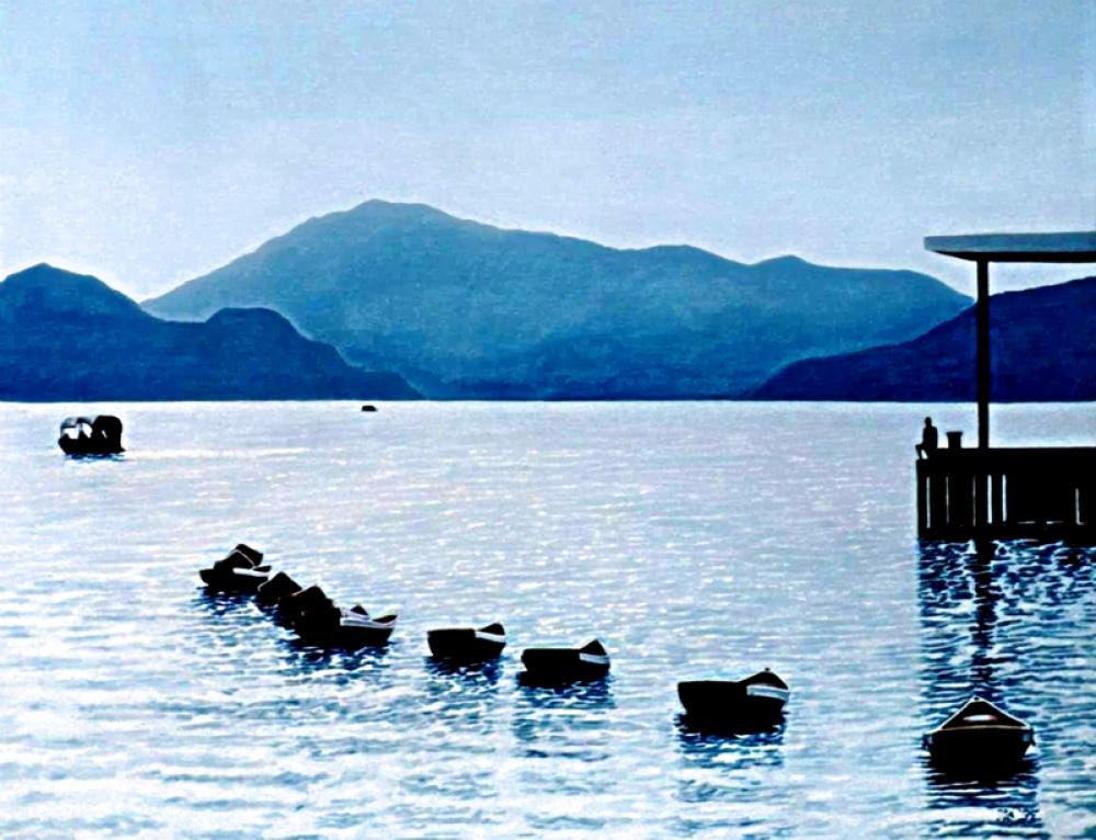 Landscape with hills with small canoes and boats free photo Landscape with hills with small canoes and boats free photo