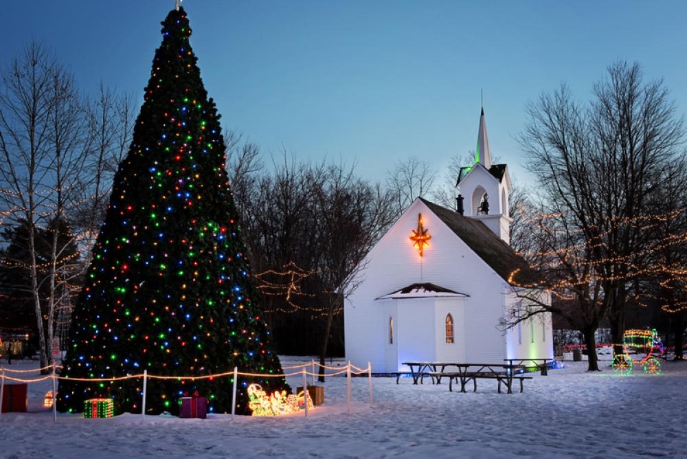 Lights and decorations and tree and church at Christmas free photo Lights and decorations and tree and church at Christmas free photo