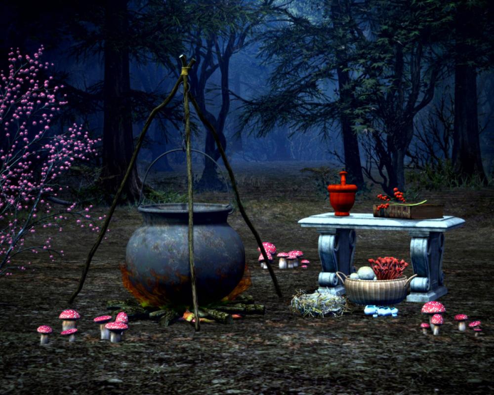 Witch Cauldron and Ingredients in the woods free photo Witch Cauldron and Ingredients in the woods free photo