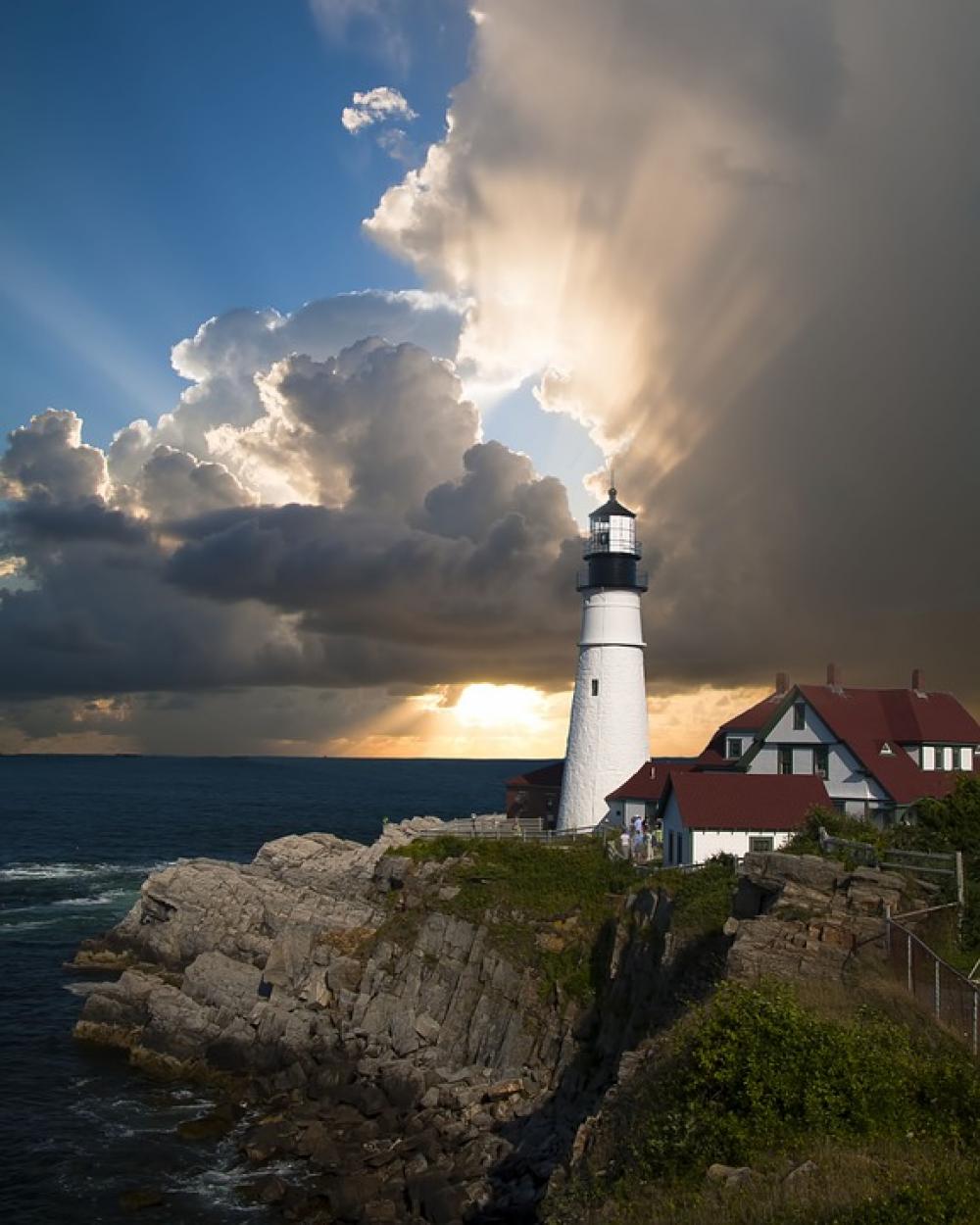 Lighthouse Beacon Direction Sunlight Clouds Sky Lighthouse Beacon Direction Sunlight Clouds Sky