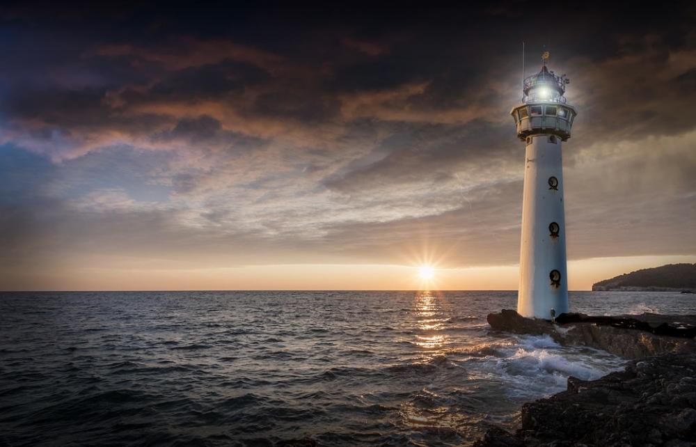 Lighthouse Glow Evening Sunset Ocean Sea Horizon Lighthouse Glow Evening Sunset Ocean Sea Horizon