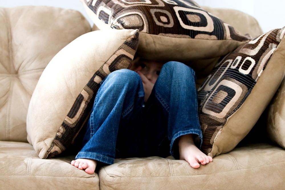 Little Boy Hiding Sad Child Fear Pillows Couch Little Boy Hiding Sad Child Fear Pillows Couch