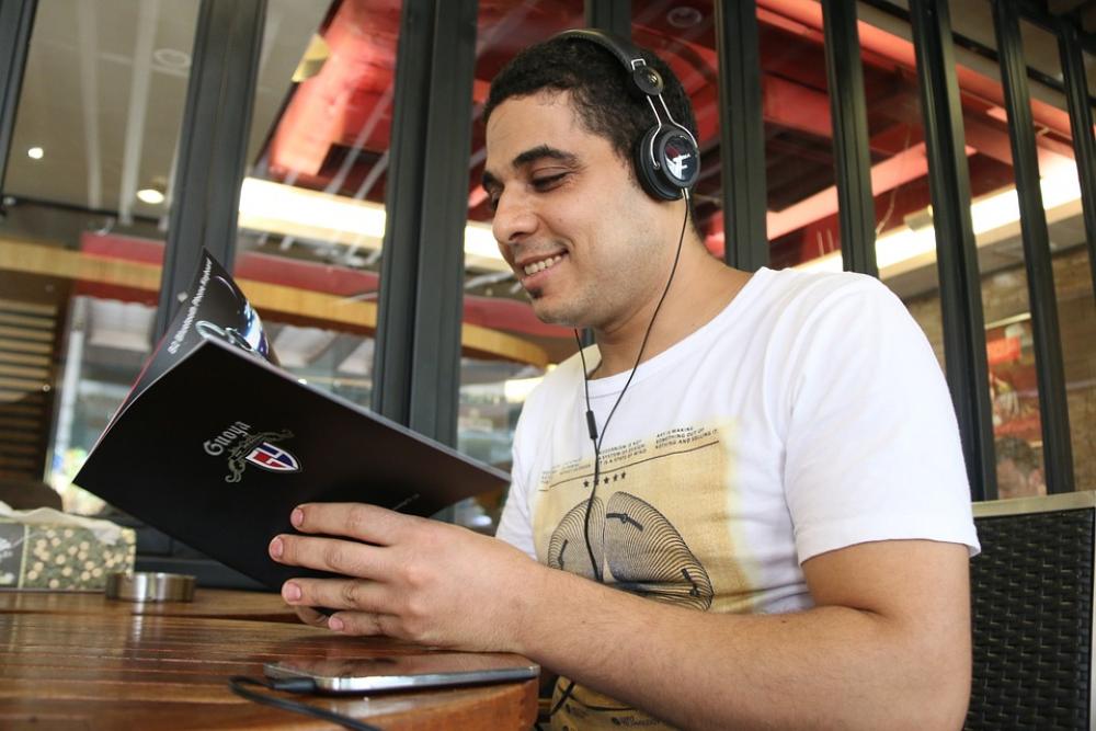 Man Foreign Men Headphones Listen Music Reading Man Foreign Men Headphones Listen Music Reading