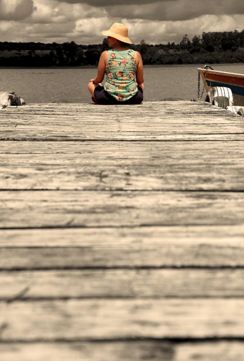 Pier Sitting Wood Woman Hat Retro Rest Person Pier Sitting Wood Woman Hat Retro Rest Person