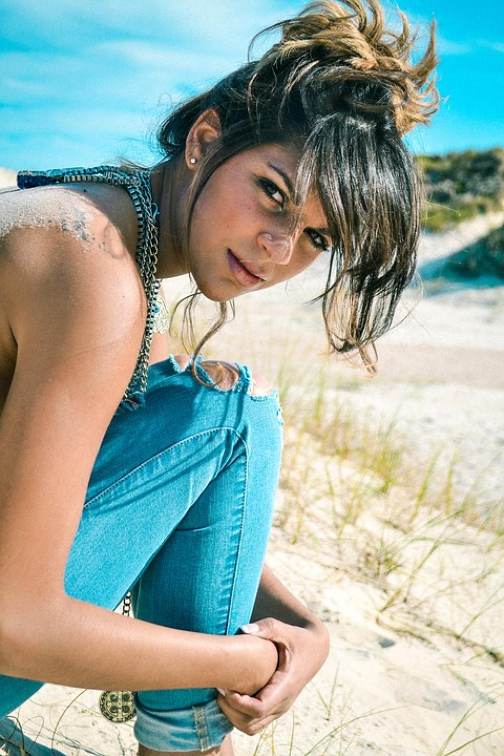 Woman Beach Female Jeans Blue Sand Summer Woman Beach Female Jeans Blue Sand Summer