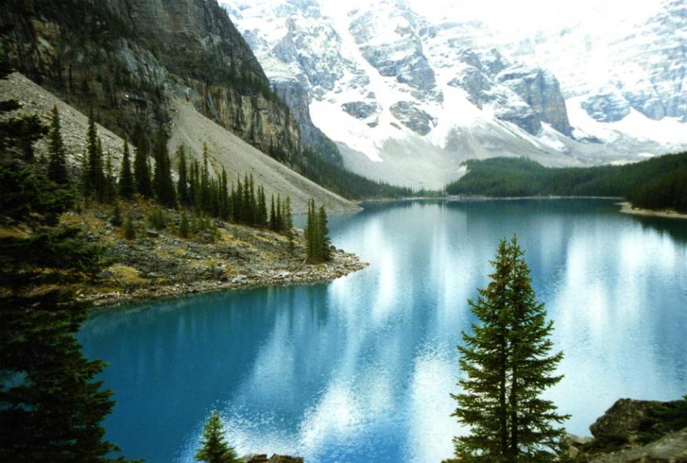 lake trees water mountains snow lake trees water mountains snow