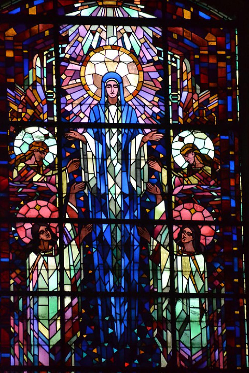 Stained Glass Colorful Woman Angels Assumption Stained Glass Colorful Woman Angels Assumption