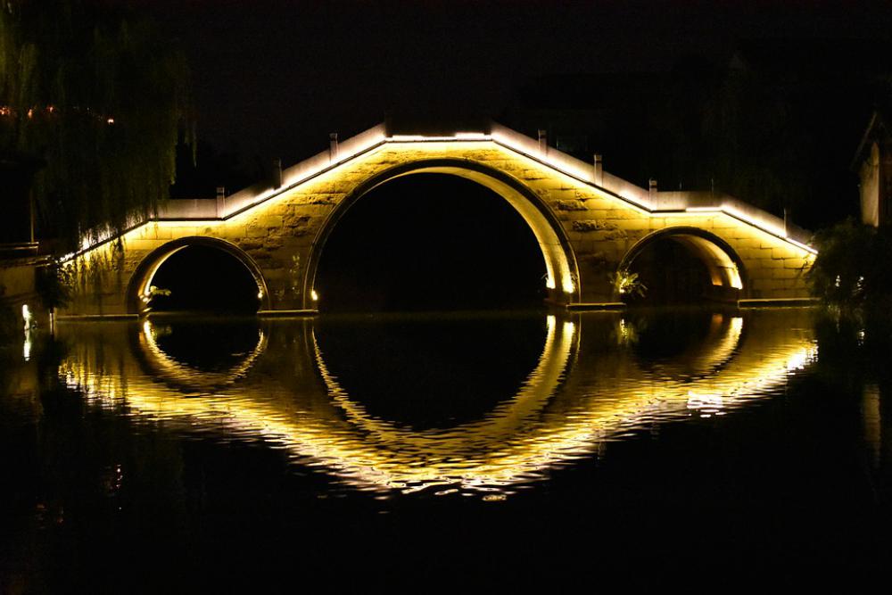 The Ancient Town Night View Bridge Symmetry River The Ancient Town Night View Bridge Symmetry River