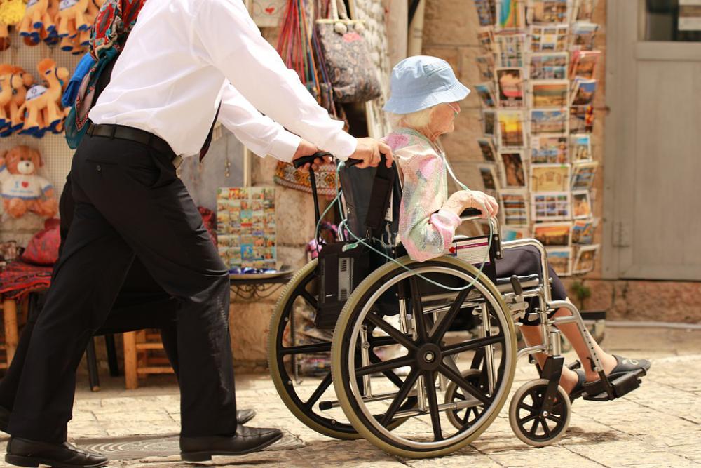 Elderly Woman Sick Care Man Wheel Chair Outing Elderly Woman Sick Care Man Wheel Chair Outing