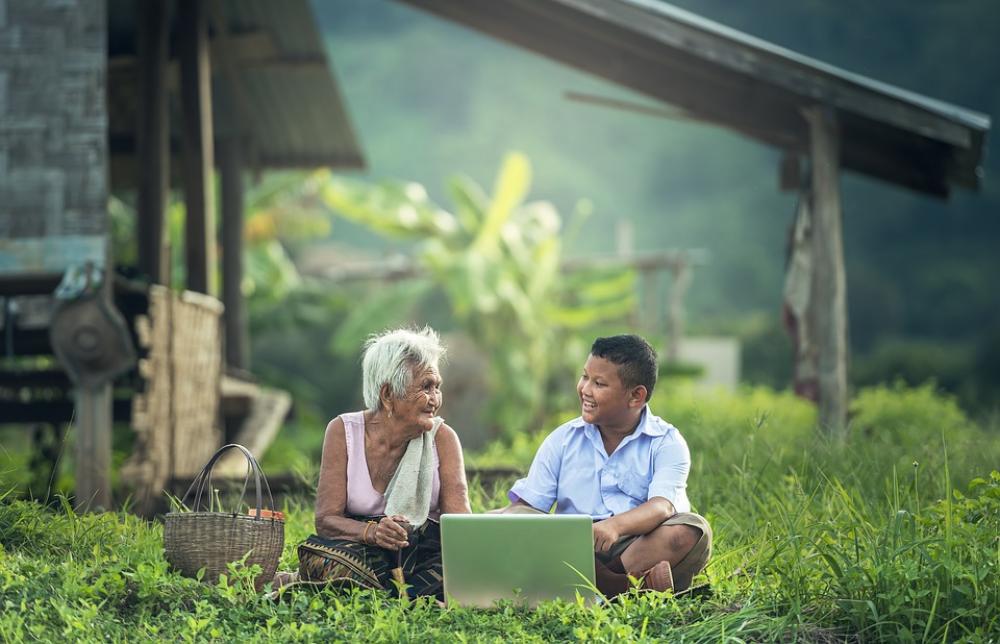 Grandmother Kids Laptop Myanmar Burma Asia Grandmother Kids Laptop Myanmar Burma Asia
