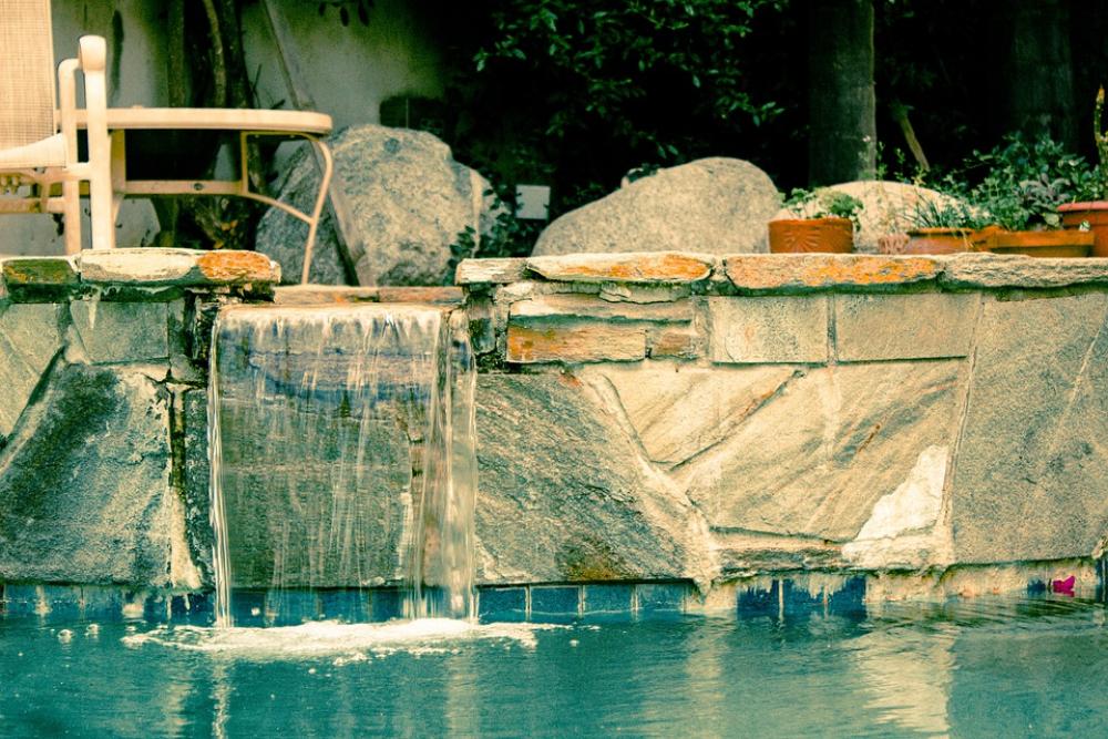 Pool Waterfall Wet Water Outside Pouring Flowing Pool Waterfall Wet Water Outside Pouring Flowing