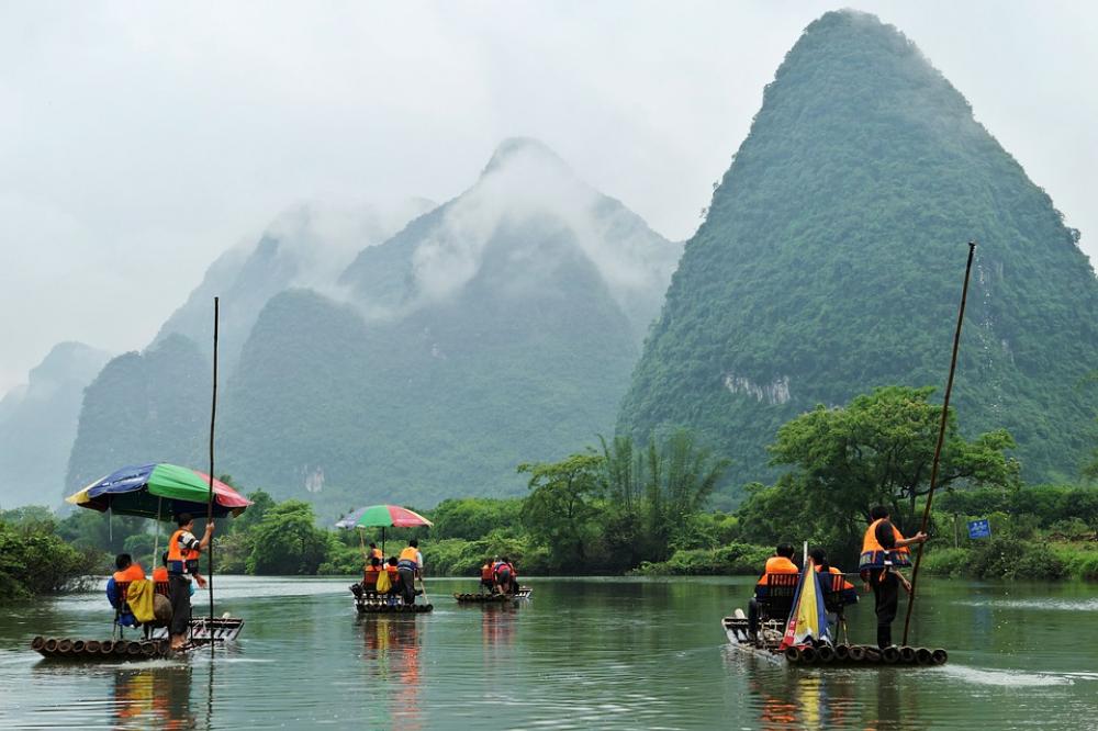 River Mountains Clouds Haze Rafts Bamboo Pole River Mountains Clouds Haze Rafts Bamboo Pole