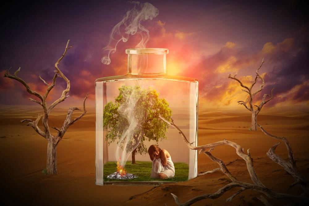 Glass Bottle Desert Woman Human Trees Drought Glass Bottle Desert Woman Human Trees Drought