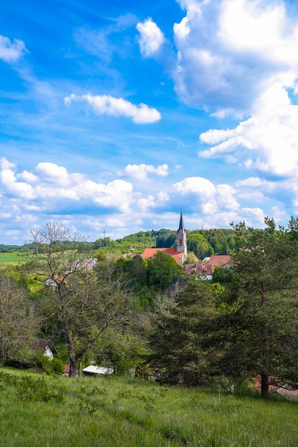Village Church Steeple Landscape Trees Sky Clouds Village Church Steeple Landscape Trees Sky Clouds