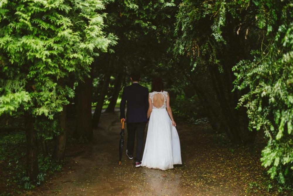 couple walking umbrella nature green couple walking umbrella nature green