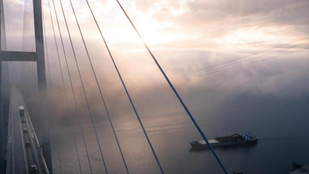 infrastructure bridge fog boat clouds infrastructure bridge fog boat clouds
