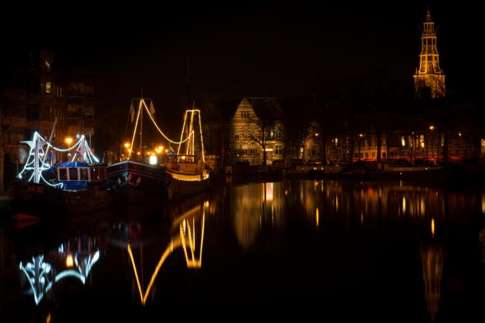 Groningen Netherlands night boats canal Groningen Netherlands night boats canal