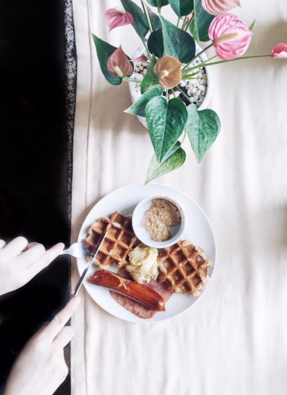 waffle flatlay flowers sausage breakfast waffle flatlay flowers sausage breakfast