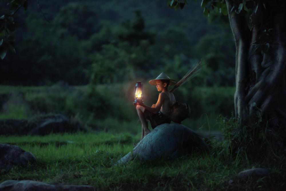 young boy lamp night field young boy lamp night field