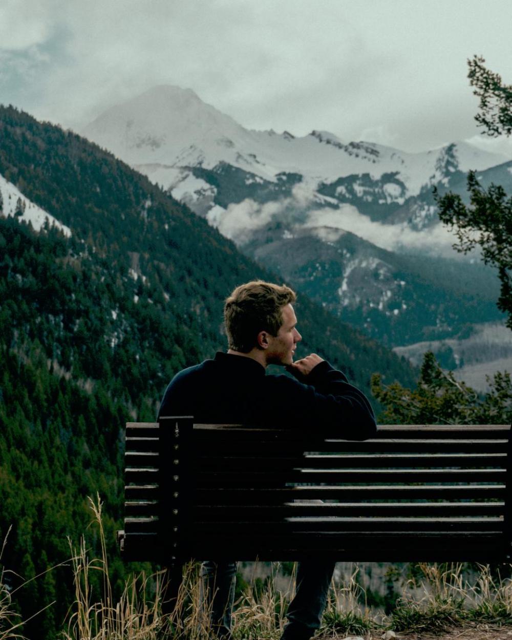 mountains trees bench snow smoke mountains trees bench snow smoke
