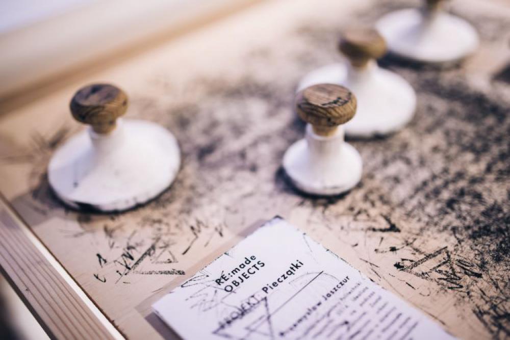 Big wooden stamps on a dirty table Big wooden stamps on a dirty table