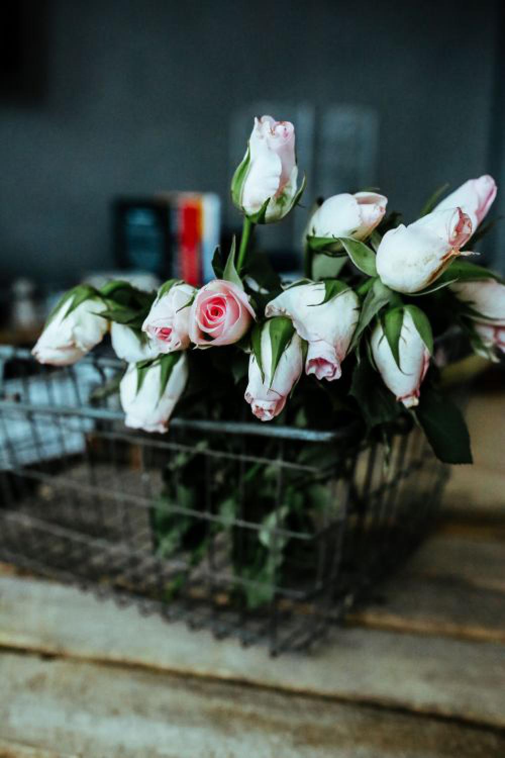 Pink flowers in a metal basket Pink flowers in a metal basket