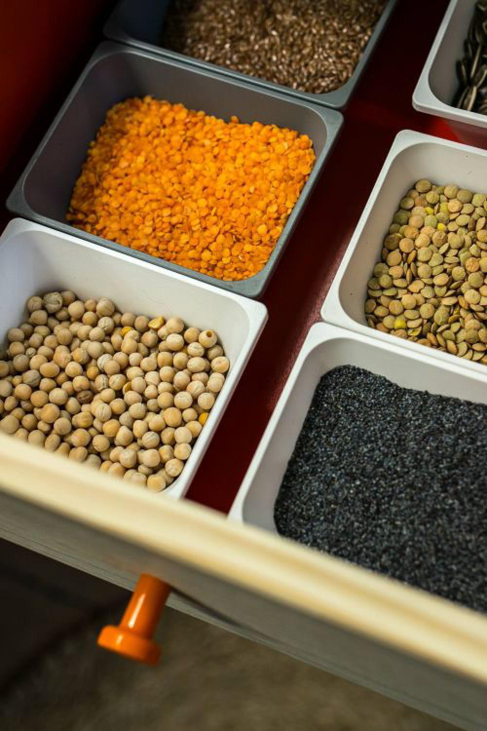 Containers with legume foods and seeds Containers with legume foods and seeds