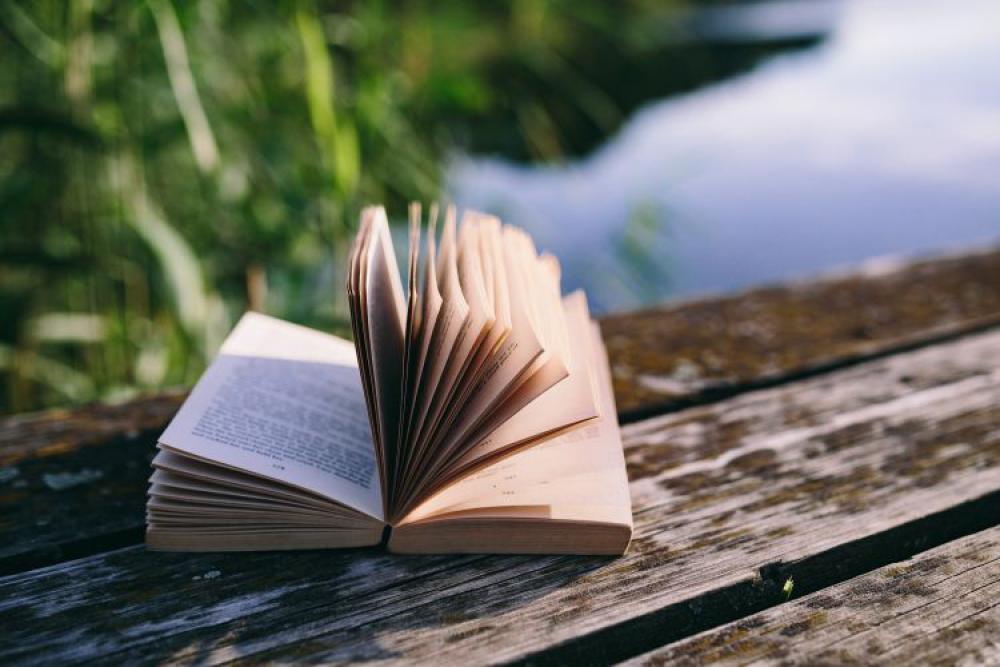 Reading book at lake Reading book at lake